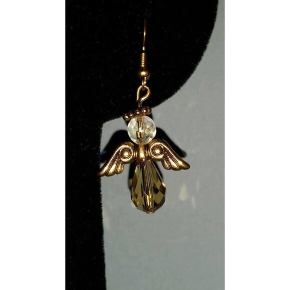 Crystal Gold Dangle Angel Earrings- Christmas, Religious Jewelry - Picture 3 of 5